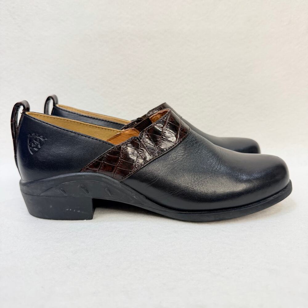 Ariat Womens Leather Clogs Low Heel Slip On Croc Embossed Accent Black Size 7 B